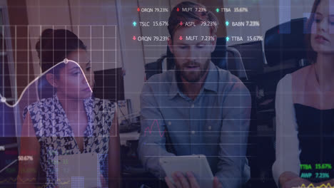 Animation-of-graphs-and-trading-board-over-diverse-coworkers-discussing-reports-on-digital-tablet