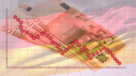 Animation-Eines-Roten-Diagramms,-Datenverarbeitung-Und-Der-Flagge-Deutschlands-über-Banknoten