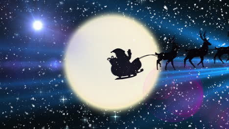 Animación-De-Nieve-Cayendo-Sobre-La-Silueta-De-Papá-Noel-En-Trineo-Tirado-Por-Renos-Contra-La-Luna.