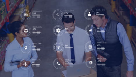 Animation-of-data-processing-against-diverse-team-of-supervisors-discussing-together-at-warehouse