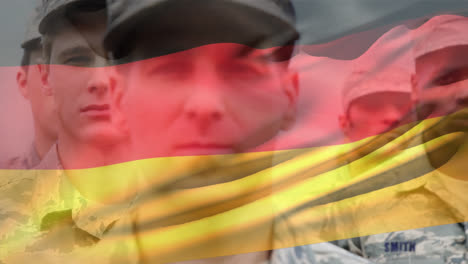 Animation-of-flag-of-germany-over-diverse-male-soldiers