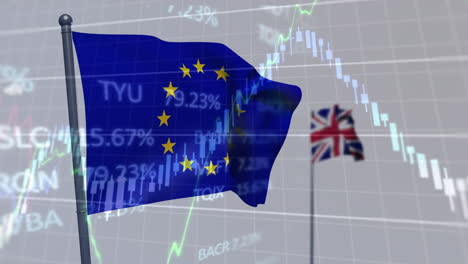 Animación-Del-Procesamiento-De-Datos-Financieros-Sobre-La-Bandera-Del-Reino-Unido-Y-La-UE-Ondeando-Sobre-Un-Fondo-Gris