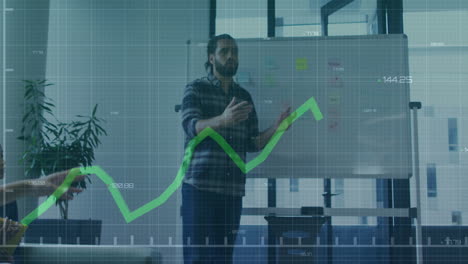 Animation-of-statistical-data-processing-against-biracial-man-giving-a-presentation-at-office