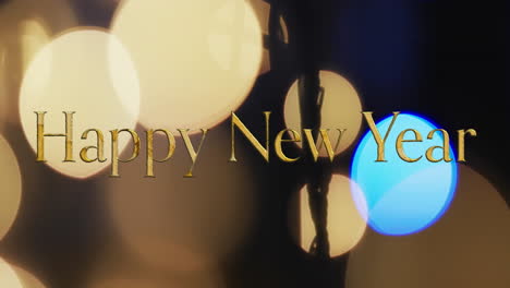 Animation-of-happy-new-year-text-over-yellow-spots-of-light-background