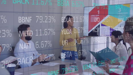 Animation-of-stock-market-data-processing-over-biracial-woman-giving-a-presentation-at-office