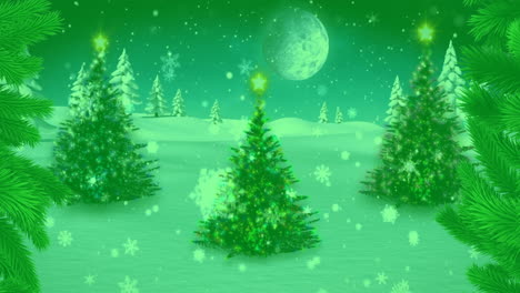 Animation-of-christmas-trees-and-snow-falling-on-green-background