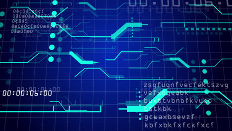 Animation-of-neon-integrated-circuit-and-data-on-blue-background