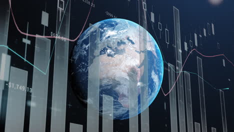 Animation-Mehrerer-Graphen-Mit-Wechselnden-Zahlen-über-Einem-Rotierenden-Globus-Im-Weltraum