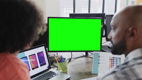 African-american-business-people-on-video-call-with-green-screen