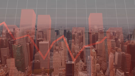 Animation-of-red-line,-financial-data-processing-over-cityscape