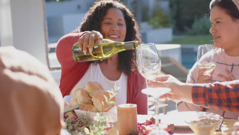 Happy-diverse-male-and-female-friends-toasting-on-celebration-meal-in-sunny-garden