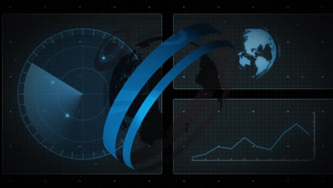 Animation-of-spinning-globe-over-interface-with-data-processing-against-black-background