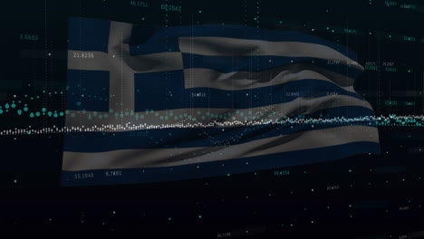 Animación-Del-Procesamiento-De-Datos-Estadísticos-Sobre-La-Bandera-Griega-Ondeando-Sobre-Fondo-Negro