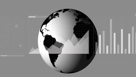 Animation-of-interface-with-statistical-data-processing-over-spinning-globe-against-grey-background