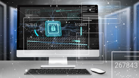 Animation-of-connected-dots,-changing-numbers-over-padlock-and-computer-language-in-desktop