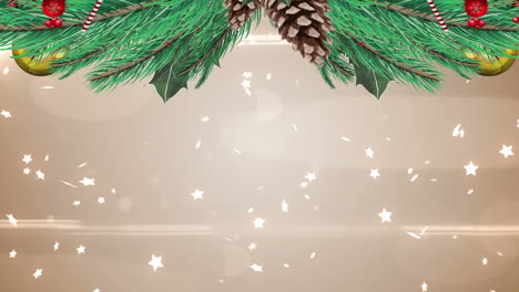 Animation-Von-Dekorierten-Blättern-Eines-Weihnachtsbaums-Und-Sternen-Mit-Linsenreflexionen-Auf-Abstraktem-Hintergrund