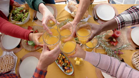 Happy-diverse-male-and-female-friends-toasting-on-celebration-meal-in-sunny-garden