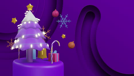 Árbol-De-Navidad-Morado-Y-Regalos-En-Un-Podio-Giratorio-Con-Decoraciones-Flotantes-Sobre-Fondo-Morado.