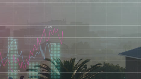 Animation-of-statistical-data-processing-over-grid-network-against-aerial-view-of-cityscape