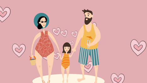 Animación-De-Padres-Caucásicos-Con-Hija-En-Ropa-De-Playa-Sobre-Fondo-Rosa-Con-Corazones