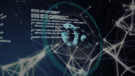 Animation-of-data-processing-and-network-of-connections-against-5g-text-on-round-scanner