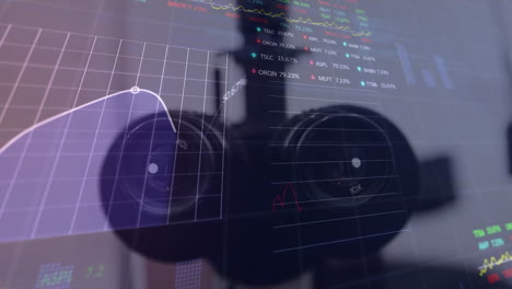 Animation-of-multiple-graphs,-trading-boards-over-close-up-of-microscope-in-laboratory