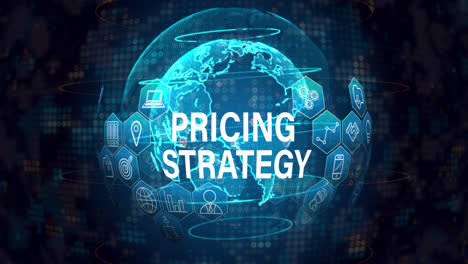 Animation-of-pricing-strategy-text-with-icons-over-globe-on-black-background