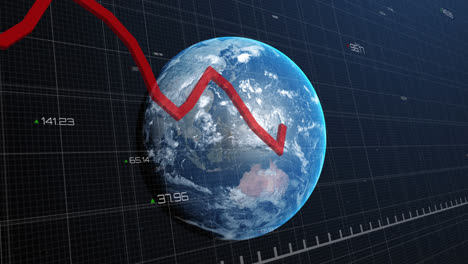 Animación-De-Estadísticas-Con-Línea-Roja-Y-Procesamiento-De-Datos-Sobre-El-Globo-Terráqueo-Sobre-Fondo-Azul