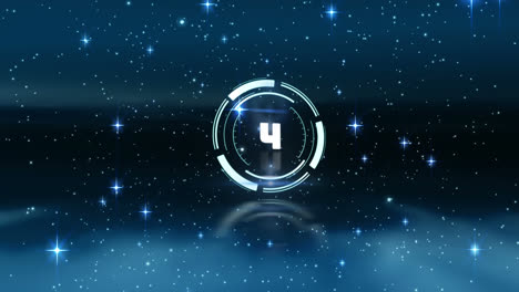 Animation-of-scope-with-countdown-over-glowing-stars-on-black-background