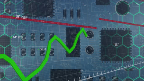 Animation-of-data-processing-over-computer-circuit-board-on-blue-background