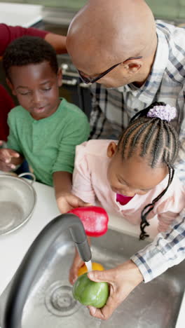 Glückliche-Afroamerikanische-Großeltern-Und-Enkelkinder-Beim-Gemüsewaschen-In-Der-Küche,-Zeitlupe