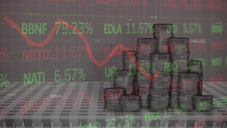 Animation-of-statistical,-stock-market-data-processing-over-stack-of-coins-against-grey-background