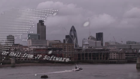 Animation-of-financial-data-processing-over-wold-map-and-london-cityscape