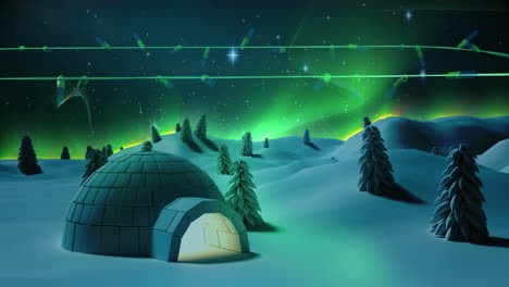 Blaue-Weihnachtslichterketten-Blinken-über-Winterlandschaft-Mit-Iglu-Und-Nordlichtern