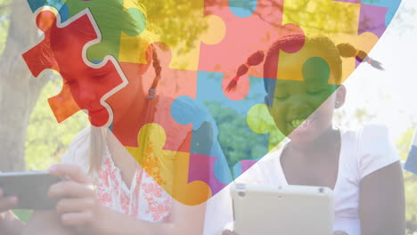 Animation-of-multi-coloured-puzzle-pieces-heart-over-diverse-schoolchildren