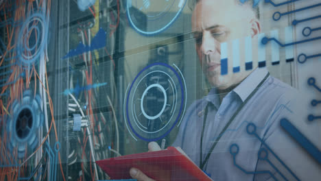 Animation-of-processing-circle-over-data-and-caucasian-man-checking-computer-wires