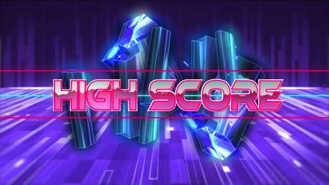 Animation-of-high-score-text-banner-over-pink-crystal-shapes-and-light-trails-in-seamless-pattern