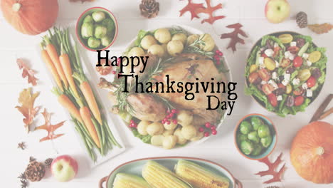 Animation-of-happy-thanksgiving-day-text-and-dinner-on-table-background