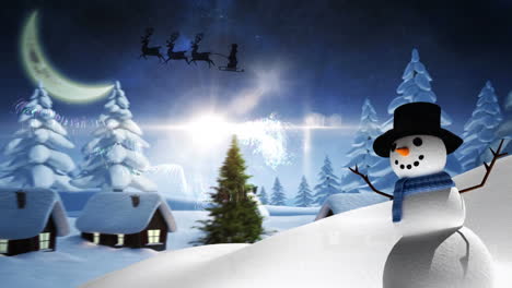 Animation-Eines-Frohe-Feiertage-Textbanners-Mit-Schneemann-In-Der-Winterlandschaft-Und-Am-Nachthimmel