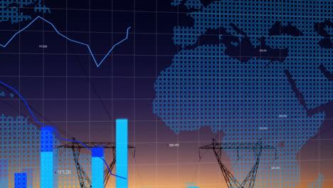 Animación-Del-Procesamiento-De-Datos-Estadísticos-Sobre-Un-Mapa-Mundial-Contra-Torres-De-Red