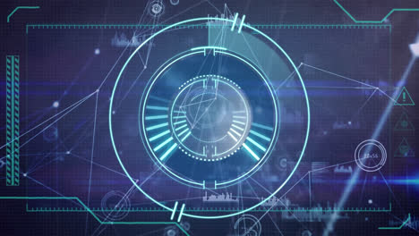 Animation-of-neon-round-scanner-and-network-of-connections-against-blue-background