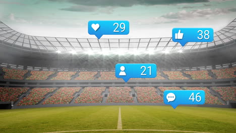 Animation-Von-Social-Media-Symbolen,-Die-Vor-Einem-Sportstadion-Schweben