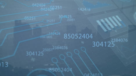 Animation-of-multiple-changing-numbers-and-interface-with-data-processing-against-view-of-cityscape