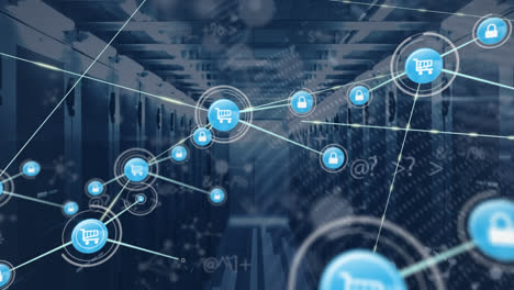 Animation-of-network-of-digital-icons-and-molecular-structures-against-computer-server-room