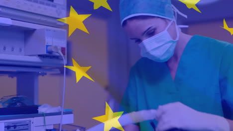 Animación-De-La-Bandera-De-La-Unión-Europea-Sobre-Una-Cirujana-Caucásica-En-El-Hospital