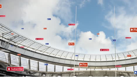 Animation-Von-Social-Media-Symbolen,-Die-Vor-Einem-Sportstadion-Und-Blauem-Himmel-Schweben