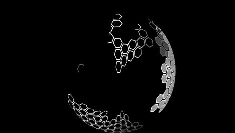 Animation-Eines-Globus-Mit-Sich-Drehenden-Sechsecken-Auf-Schwarzem-Hintergrund