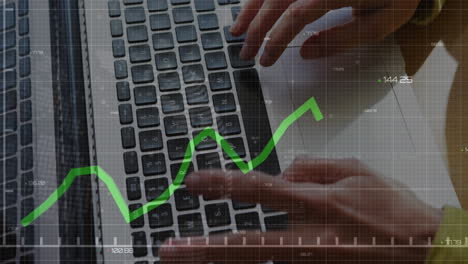 Animation-of-statistical-data-processing-against-close-up-of-woman's-hands-typing-on-laptop-keyboard