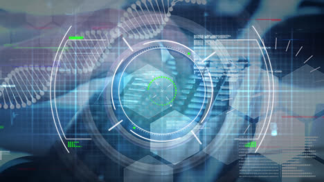 Animation-of-data-processing-and-scope-scanning-with-dna-strand-over-hands-typing-on-keyboard