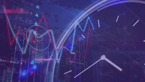 Animation-of-ticking-clock-over-statistical-and-stock-market-data-processing-against-world-map